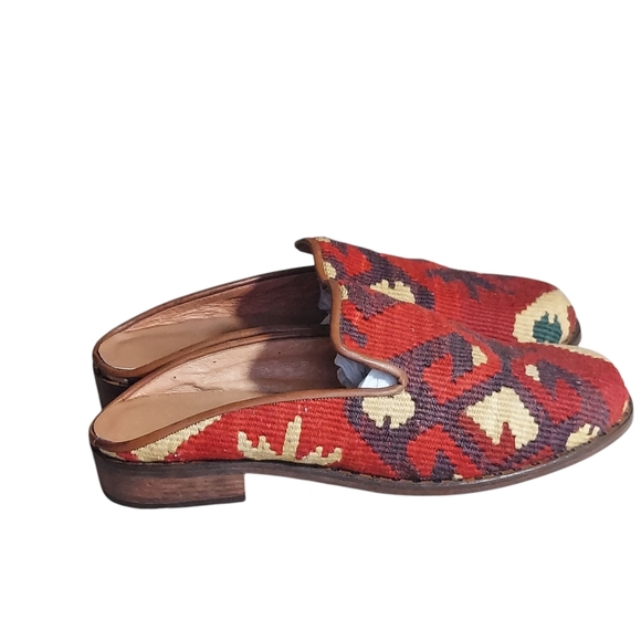Vintage Red Brown Turkish Wool Rug Mules Slip Ons Stacked Wood Block Heels - Picture 5 of 16